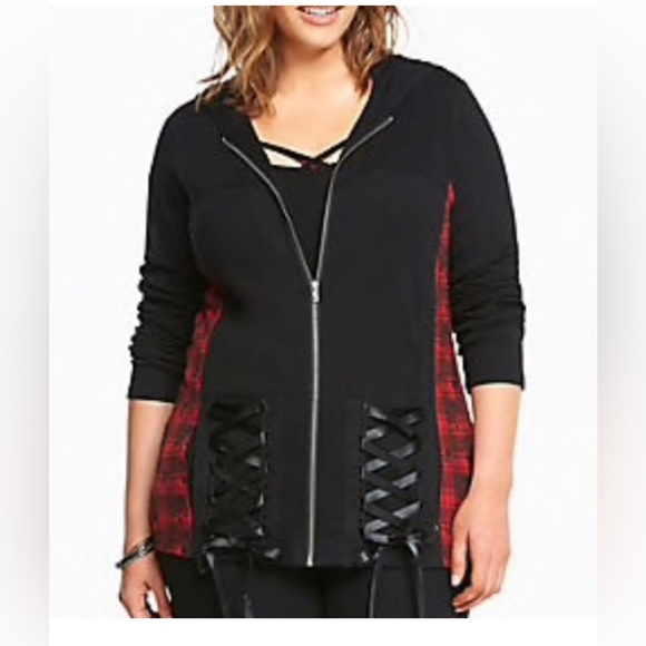 Tripp nyc Tops - Tripp NYC Women’s Red & Black Plaid Skull Ribbon Corset Hoodie Size 3